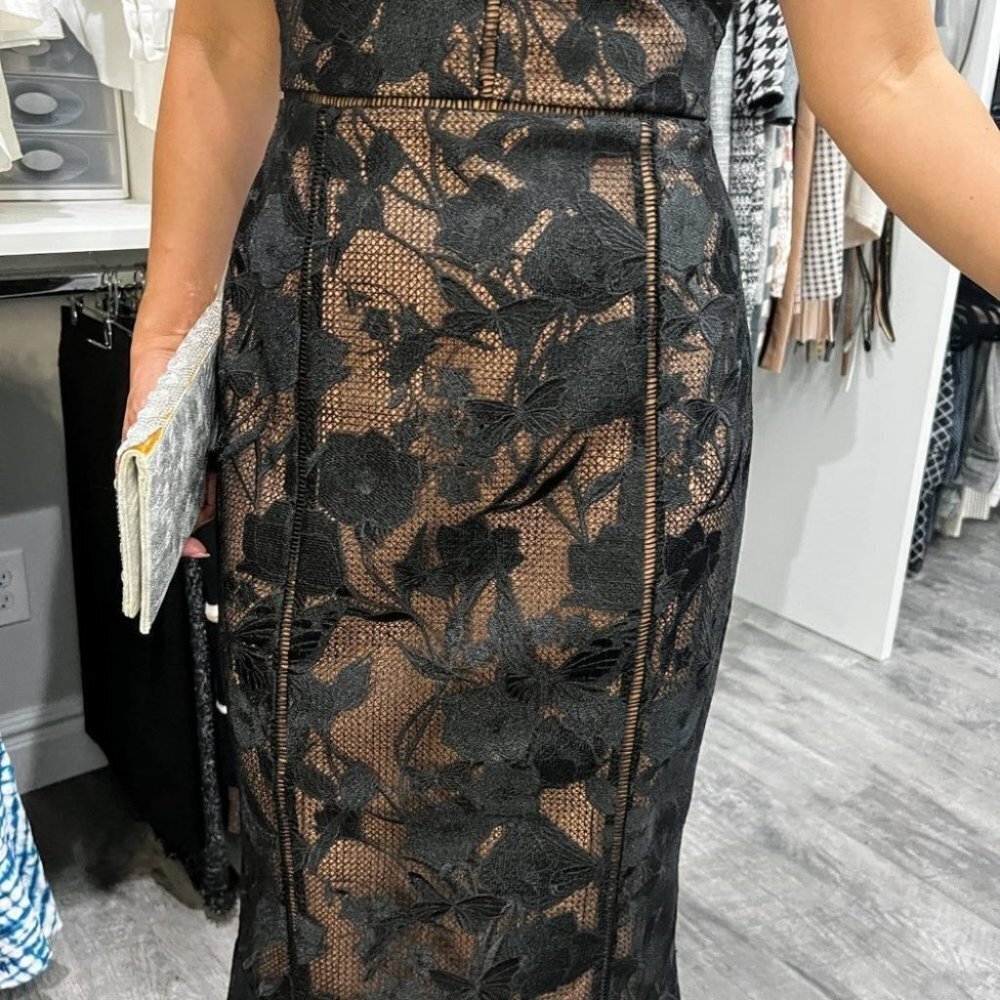 Marchesa Notte Black Guipure Lace Trumpet Midi Dress $895 - Picture 5 of 14